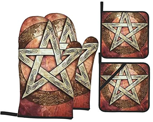 4 Pièces Gants De Cuisine Et Maniques Magique Sorcière Pentacle Baphomet Ensemble De Cuisson Antidérapant Manique Gant pour La Cuisson, Four Barbecue, Cuisson