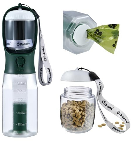 Cibaabo Dog Water Bottle with Food Container & Poop Bag Holder, Travel Water Bowl, Portable Pet Dispenser, Dog Stuff Accessories Items, Puppy Essentials Necessities for Yorkie Chihuahua Walking Hiking