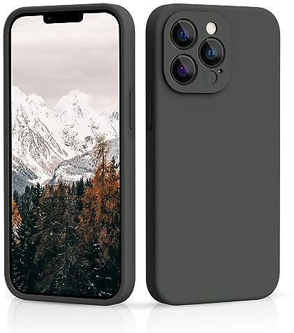 CALOOP Slim-Fit for iPhone 13 Pro Max Case,Sturdy Shockproof Hard Frame Cover with Anti-Scratch Microfiber Lining,Skin Soft Liquid Silicone,Full Protection for Screen and Camera Lens(Space Gray)