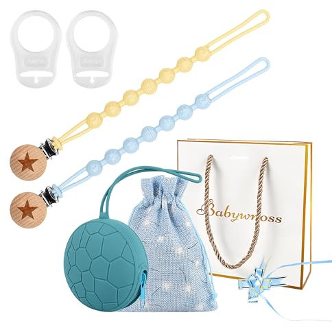 Babywnoss - 2 schnullerketten aus Silikon - 1 schnullerbox - 2 Adapter aus Silikon (Blau, Mit Geschenkbeutel)