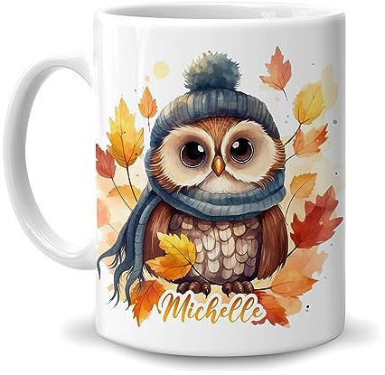 Hyturtle Personalized Fall Owl Maple Leaves Coffee Mug - Birthday Gifts For Owl Lovers - Fall Autumn Decor Gifts For Farmhouse Thanksgiving - Custom Name 11oz White Ceramic Coffee Tea Mug