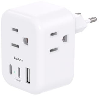 Addtam Adattatore da viaggio europeo, 3 prese, 2 USB C, 1 USB A, essenziale per Europa, UE, Spagna, Italia, Francia