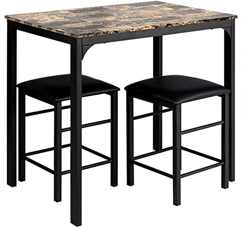HOMASIS Esstisch Set mit Essstühlen, Bartisch Set mit 2 Barhockern, Essgruppe mit Sitzkissen & Pedale, Sitzgruppe aus Holz & Metall, Küchentisch Stehtisch für Wohnzimmer Esszimmer (Braun)