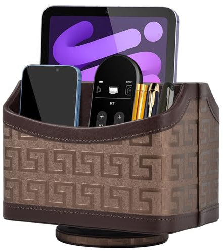 360° Drehbarer Fernbedienungshalter,TV fernbedienung aufbewahrung,PU Leder Fernbedienung Organizer mit 5 Fächer,Multifunktion Nachttisch Schreibtisch Organizer Büro Schreibtisch Stiftehalter,Gold
