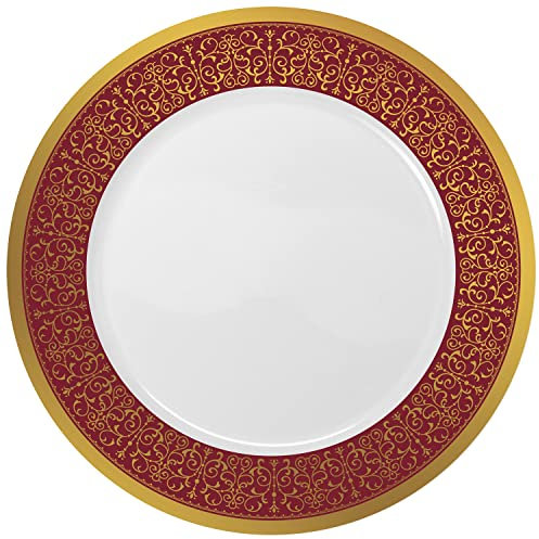 Decorline - Set di piatti riutilizzabili di alta qualità, per 16 persone, 32 pezzi, collezione Majestic, bordeaux/oro, servizio da tavola durevole, 16 ospiti