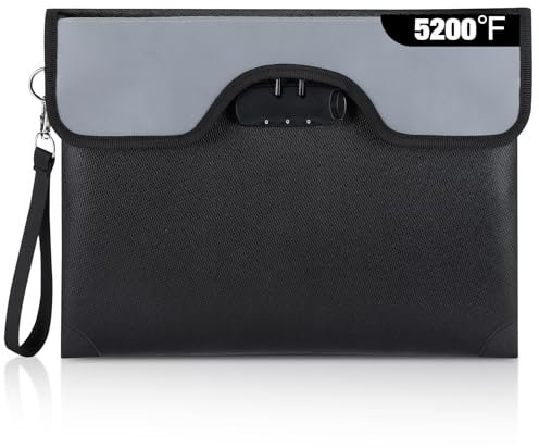 HOLULO Feuerfeste Tasche, Feuerfeste Dokumententasche(36x26cm 5200℉) mit Alufolienauskleidung, Geldtasche Feuerfeste Dokumentenbox Wasserdicht für A4-Dokumente, Reisepässe (Schwarz)