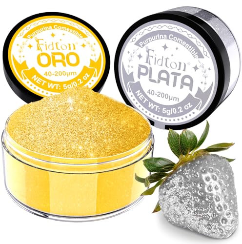 Purpurina Comestible - Fidton 2 Colores Colorante Alimentario Reposteria Polvo Set, Decoración Comestible para Tartas, Fondant Colores, Reposteria, Chocolate, Macarrón - 5 g (Oro Comestible y Plata)