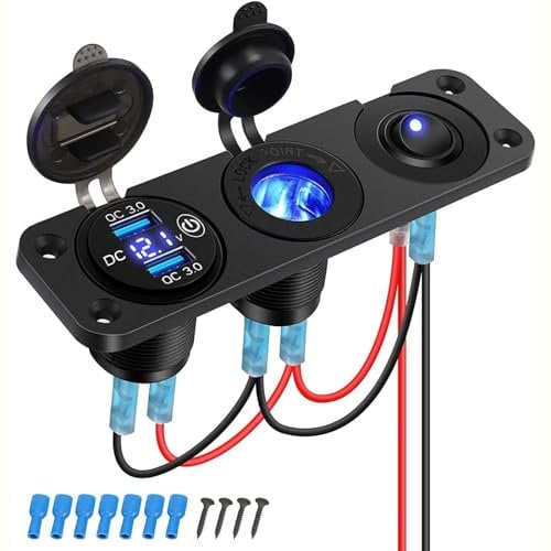 12V USB Car Charger Socket Switch Panel, QC3.0 Dual USB Power Outlet Fast Charge Adapter Cigarette Lighter Socket, LED Digital Voltmeter Toggle Switch ON/OFF for 12V/24V Car Boat Truck Caravan RV
