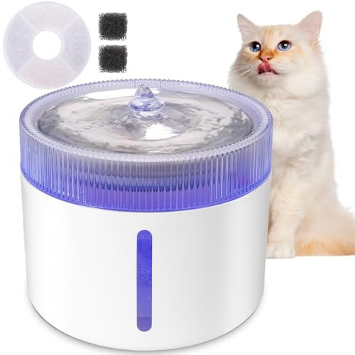 Nobleza Cat Water Fountain for Drinking 2L Cat Fountain with Stainless Steel Dish Drinking Fountains for Cats Ultra Quiet Pet Water Fountain for Drinking Kitten Water Fountain Cat Bowl Smart LED Light