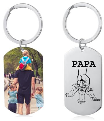 kaululu Porte Clef Personnalisable Photo Porte Clé avec Prenom Grave for Homme Porte-clés Papa en Acier Inoxydable avec Nom de Famille pour Homme Cadeau Fête Des Pères (Photo&nom 3)
