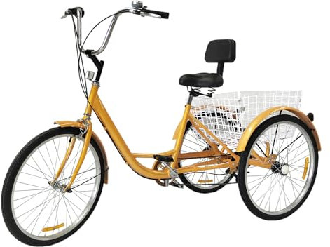 NIGORIY Dreirad für 24 Zoll Erwachsene, Rostfreie Legierung, 6-Gang-Fahrrad Tragfähigkeit 95kg,Dreiräder Fahrrad mit Rückenlehne(Gelb)