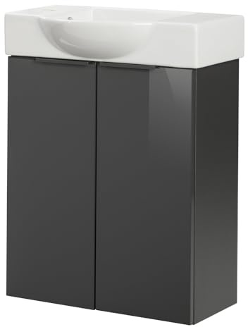 FACKELMANN Luna Gäste-WC Set 2 Teile – Waschtischunterschrank in Anthrazit mit Waschbecken aus Keramik – SBC Waschbeckenunterschrank schmal – 2 Türen – Hahnloch Links – 55 cm breit
