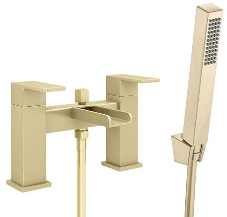 ENKI, Plaza, BBT0268, Brushed Brass Bath Shower Mixer Tap, Square Waterfall Open Spout Design