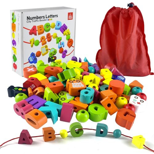 Einfädeln Spielzeug,Holzperlen Fädelspiel,2 in 1 Fädelspiel Montessori Spielzeug,100 Stück Holzperlen Buchstaben Zahlen Einfädeln Spiel,Pädagogisches Motorikspielzeug für 3+ Jahre Kinder Geschenk.