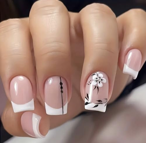 Nails French Manicure with Black & White Flowers/Press on Nails/Natural Colour With Black & White Flowers/Stick on/Set of 24 with Gel Stickers AND Glue