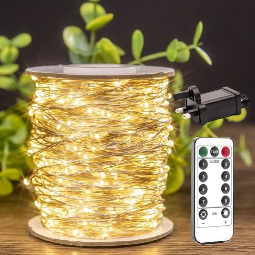 ZELUXDOT LED Plug in Fairy String Lights 100FT 5cm spacing Waterproof Warm White String Lights 600 LED Remote Control for Living Bed Room, Backyard, Patio, Garden, Wedding or Christmas Decorating