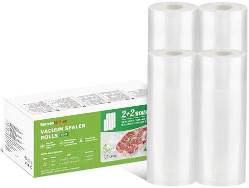 Bonsenkitchen Vakuumrollen 2 Rollen 20cm x 5m+2 Rollen 28cm x 5m Vakuumierfolie - Profi Vakuumbeutel für Vakuumierer Lebensmittel Vakuumiergerät, Kochfest und Sous Vide Gefrierbeutel, BPA-frei, VB42