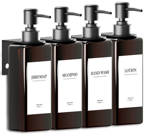 4er Seifenspender Wandbefestigung Set, 500ml Braun Seifenspender Bad Ohne Bohren Kunststoff Dusche Spender mit Trichter und Wasserdichten Etiketten Shampoo Spender für Küche Bad
