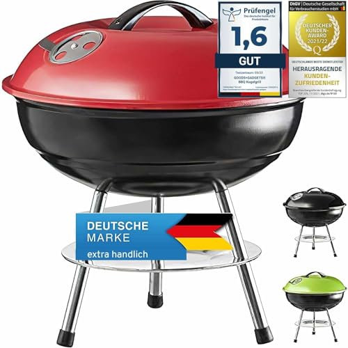 Micro BBQ Campinggrill Kugelgrill Mini Grill; Kompakter Reise Holzkohle-Grill Tischgrill Edelstahl emailliert 38cm (Rot)