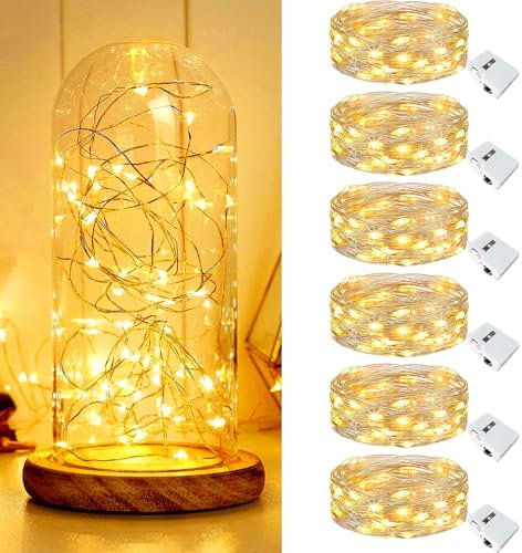 Kolpop 6 Pack Led Fairy Lights Battery Operated, 2M 20 LED String Lights Battery Powered, Waterproof Silver Wire Mini Twinkle Light, Warm White Small Fairy Llights for Jars Indoor Christmas
