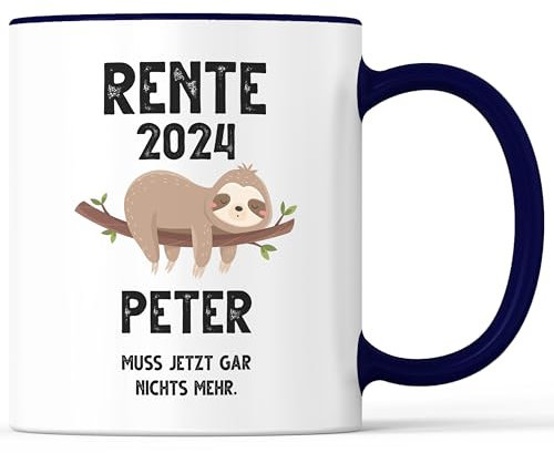 Kaffeebecher mit Spruch Rente 2024 mit Name Rentner Rentnerin Namen - lustiges Geschenk - Kaffeetasse als Geschenkidee - Becher bzw. Tasse 330ml - Weiss-Blau