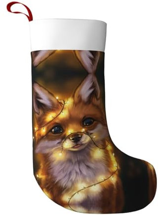 DNBCLEZK Niedlicher Fuchs-Weihnachtsstrumpf, personalisierbar, großer Weihnachtsstrumpf, bedruckt, Polyester, Weihnachtsstrümpfe, Ornamente, Schwarz , Einheitsgröße