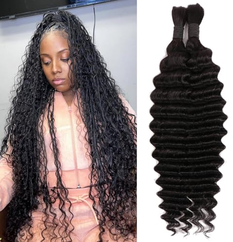 Deep Wave Bulk Human Hair for Boho Braids Water Wave Bulk Human Hair for Boho Braids No Weft micro Human Braiding Hair for Black Women (1B#, 26Inch 100g(50gx2Bundles))