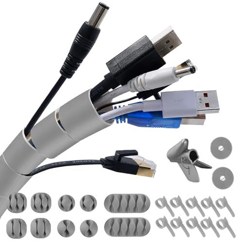 Garrulo Kabelschlauch Selbstschließend 2M, Flexibel Kabelkanal mit 10* Silikon Kabelhalter+10* Kabelbinder+2 * 1M Selbstklebende Klettband+1* Drahtführungsclip, Kabelspirale für TV/PC