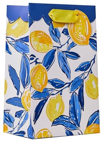 Design By Violet La Dolce Vita Small Gift Bag – Lemon Tree Illustration with Blue & Yellow Leafy Pattern – Luxury Paper Bag for Birthdays & Celebrations