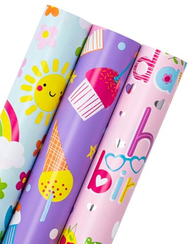 RUSPEPA Lot de 3 rouleaux de papier cadeau d'anniversaire pour filles – 43,2 cm x 3,05 m par rouleau – Papier cadeau d'anniversaire fantaisie rose et violet pour anniversaire de fille, fête prénatale