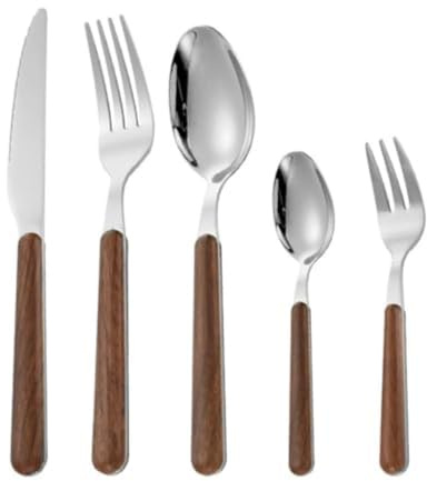 Wooden Handle Kitchen Stainless Steel Silverware Tableware Flatware Cutlery 5 Piece Set Steak Knife Fork Spoon Teaspoon (Silver,5 Pieces)