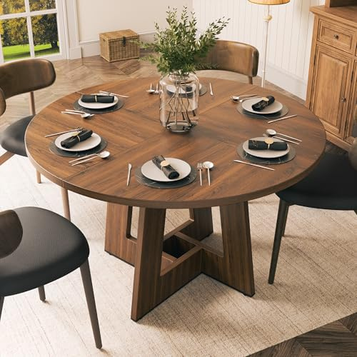 YOUDENOVA Runder Esstisch 120 cm, Esszimmertisch Holz Für 4‑6 Personen, Rustikale Küchentisch‑Ästhetik Mit Modernem Geometrie Junkturfuss, Rustikalbraun (OHNE STÜHLE)