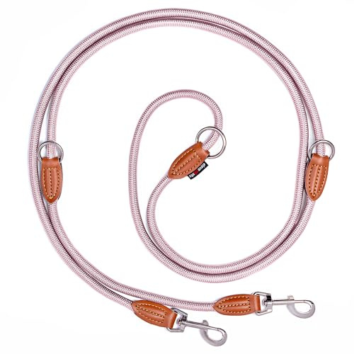 elevenants® Verstellbare Hundeleine 3 Meter | Robuste Nylon Umhängeleine für mittelgroße bis große Hunde | Führleine mit 200kg Zugkraft | Doppelleine mit 2 Karabiner | Multifunktionsleine - Pink/Rose