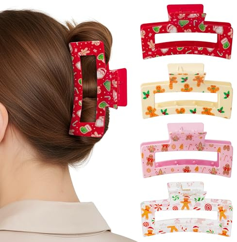 DFuniuxin 4 Pack Christmas Gingerbread Hair Claw Clips - Xmas Candy Cane Tree Cookies Rectangle Nonslip Hair Accessories for Women Girls, Red White Festive Design for Daily Wear or Party Gift