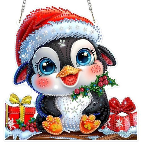 MOGTAA Weihnachten Diamond Painting Anhänger Pinguine, Winter Diamond Painting mit Kette Kinder Erwachsene, Diamant Painting Fensterbilder Beidseitig, Hängende Ornament Bastelset Set für Wand Decor