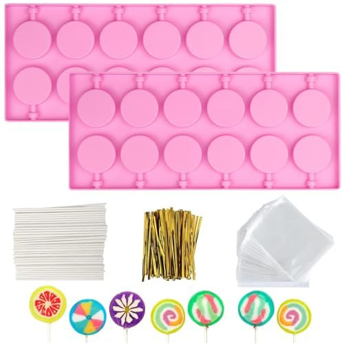 YXHZVON 2Pcs Silicone Cake Pop Maker Kit, 12 Cavities Cake Pop Mould | Lollipop Mold Includes 100Pcs Treat Sticks, Bags and Twist Ties, Chocolate Lolly Moulds for Hard Candy, Chocolate, Jelly