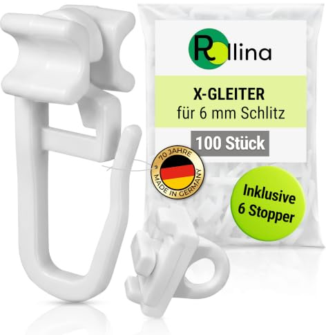 Rollina X-Gleiter + 6 Anti-Rutsch Stopper | Gardinenhaken Set für 6 mm | Feststeller & Gardinengleiter im Set | Vorhanghaken und Stopper passend für 6mm Schlitz | Made in Germany | Hohe Qualität