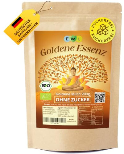 EWL BIO Goldene Milch 200g | Ohne Zucker Kurkuma Latte Pulver | Golden Milk | mit Ceylon-Zimt, Ingwer & schwarzem Pfeffer für optimale Bioverfügbarkeit | Ayurveda Gewürzmischung vegan & ungesüßt