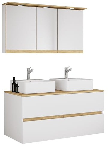 VCM 4-TLG. Doppelwaschtisch Cosila mit 2 Keramikbecken – Badschrank H. 51 x B. 111 x T. 51 cm mit 2 Softclose-Schubladen, Spiegelschrank mit Beleuchtung & Steckdose, Waschplatz Set Cosila-A