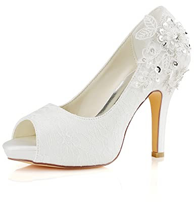 Emily Bridal Chaussures de mariée Chaussures de Mariage en Dentelle Ivoire Dentelle Peep Toe Chaussures de mariée à Talons Hauts (EU38, Beige)