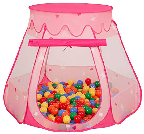Selonis Tente 105X90cm/100 Balles Château avec Les Balles Plastiques Piscine À Balles pour Enfants, Rose: Jaune-Vert-Bleu-Rouge-Orange