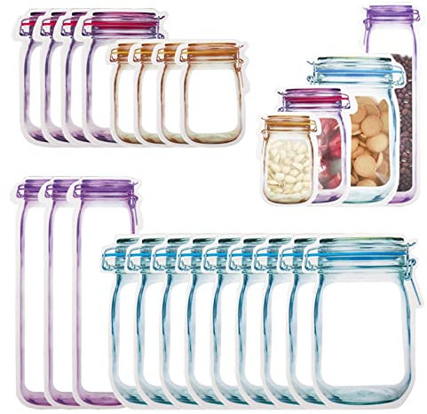Enkrio 20 Mason Jar Bottles Bags Reusable Snack Bags Food Storage Bags Zipper Sealed Sandwich Bags Snack Storage Food Saver Bags for Nuts Cookies Freezer Safe