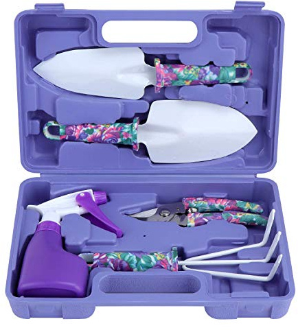 Coolty 5 Stück Gartengeräte Set, Gartenhandwerkzeuge mit lila Blumendruck Ergonomischer Griff Schaufel Spaten Rechen Egge Kelle Gartenschere Sprayer, Garten Geschenk Set