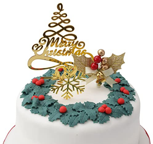Gold Merry Christmas Cake Decoration Yule Log Cupcake Toppers (3 Piece Gold Leaf Holly Set)