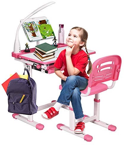 DREAMADE höhenverstellbarer Kinderschreibtisch mit Lampe & Bücherständer, Schülerschreibtisch Jugendschreibtisch neigungsverstellbar, Schreibtisch Set für Kinder mit Stuhl und Schublade (Pink)