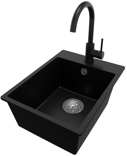 PRIMAGRAN Granitspüle ab 40er Unterschrank + Küchenarmatur, 38x50cm | Set: Küchenarmatur BW5010 + Ablauf-Set (Siphon, Ablaufgarnitur, Überlauf) + Spülbecken 1 Becken - Riga, Schwarz