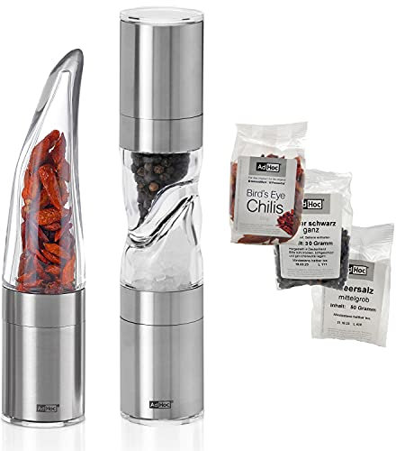 AdHoc Geschenkset Groß: Chilischneider Pepe & Doppelmühle Duomill Pure – Manuelle Chilimühle mit Edelstahl-SchneidWerk & stilvolle Salz- und Pfeffermühle im passenden Design für Genießer
