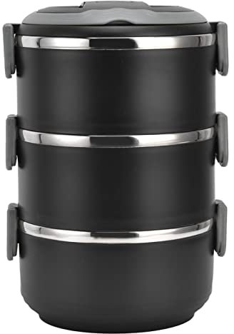 de Acero Inoxidable, Tres Capas Apilable Térmica Cilindro Redondo a Prueba de Fugas Cilindro Redondo Triple Apilable Sólida Recipiente de Comida(3 layer-negro)