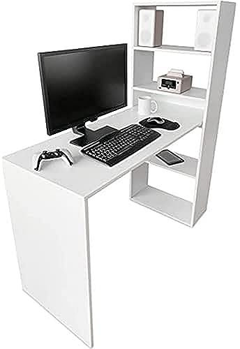 Duérmete Online Mesa de Escritorio con Estantería, Mesas para Ordenador, Práctica y Funcional, Color Blanco, 122 x 53,2 x 140 cm