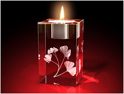 GLASFOTO.COM, Ginkgo – Teelichthalter 50 x 80 x 50 mm Kristallglas 3D Innengravur in Premiumqualität